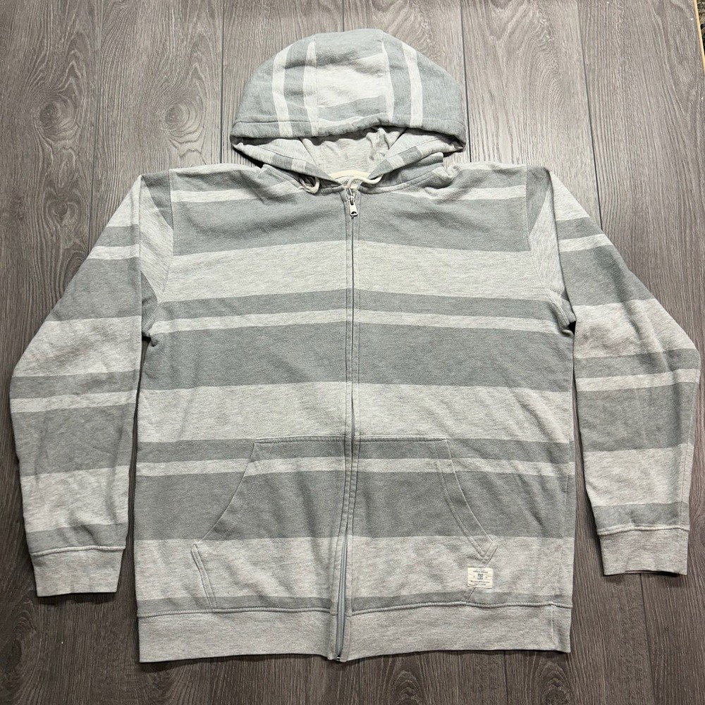 DC Shoes Mens XXL Grey Striped Full Zip Hoodie Y2K Skate Sweatshirt Vintage